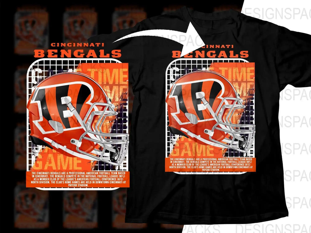 Cincinnati Bengals football helmet design for t-shirt, game time graphic, print-ready PNG SVG