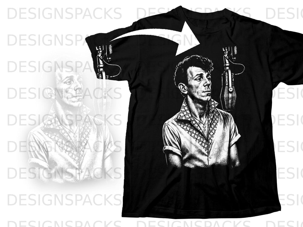 Black t-shirt with a black and white graphic of a man and a microphone.
