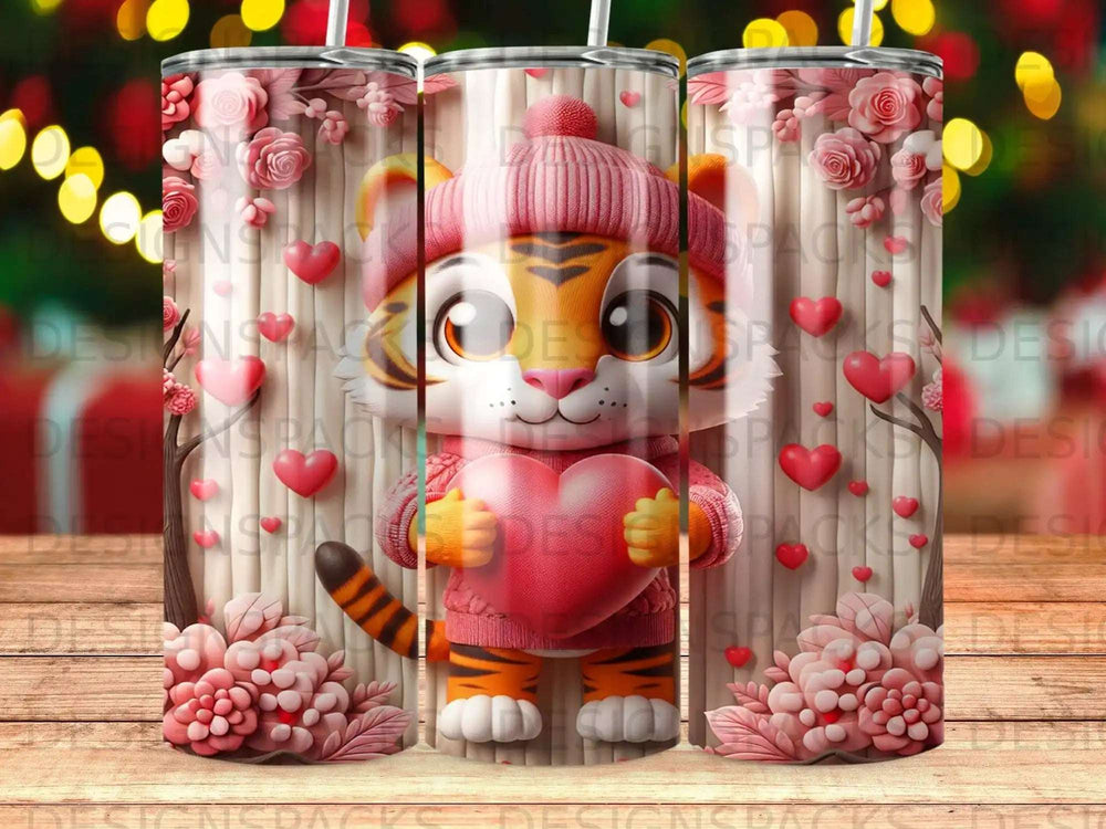 Tiger character in pink hat holding heart on wood background with bokeh lights.