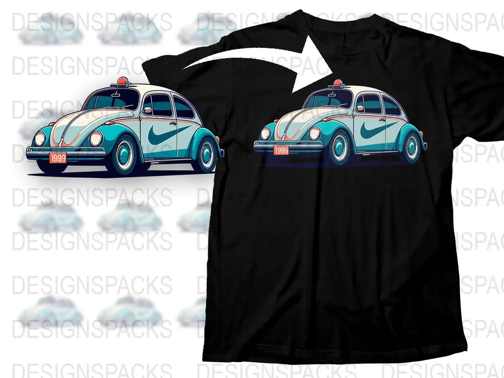 Vintage VW Beetle with Nike Swoosh design on black t-shirt, print-ready graphic for DTG/DTF