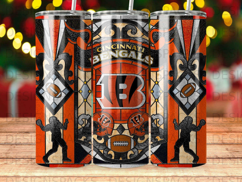 Cincinnati Bengals NFL team logo on a black and orange striped tumbler with football and player motifs.