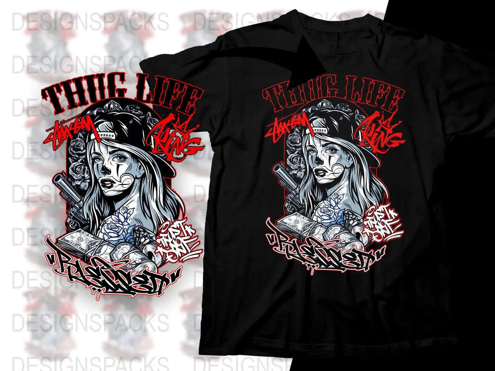 Thug Life King graffiti t-shirt design with girl, gun, cash, roses — print-ready PNG, SVG, PES
