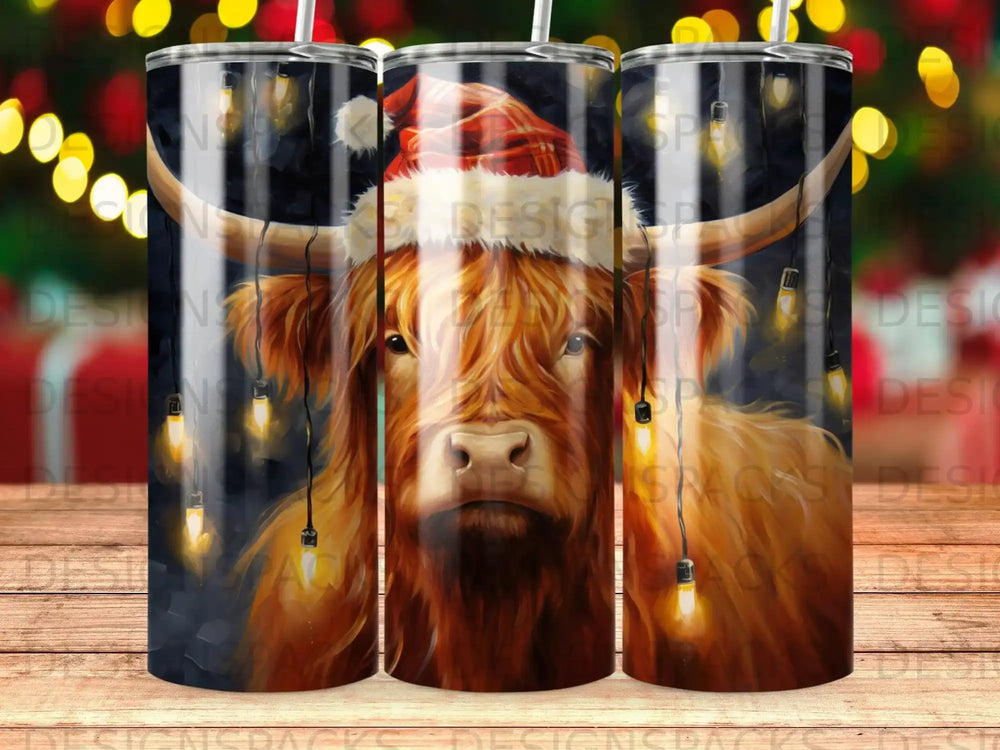 Highland cow wearing Santa hat with Christmas lights.