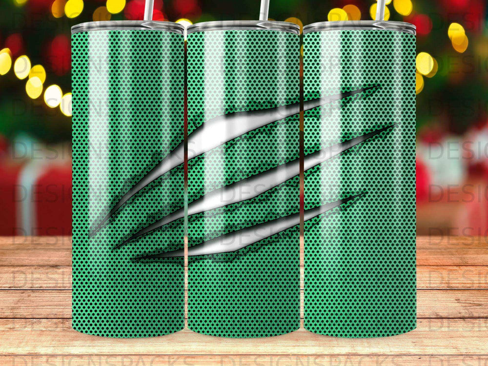 Green textured tumbler with three silver claw marks.