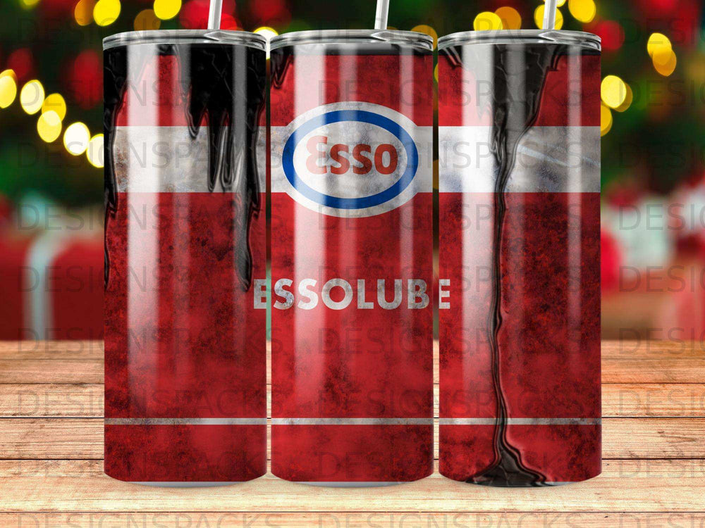 Esso Lube cylindrical tumbler with distressed red and black oil splatter design.