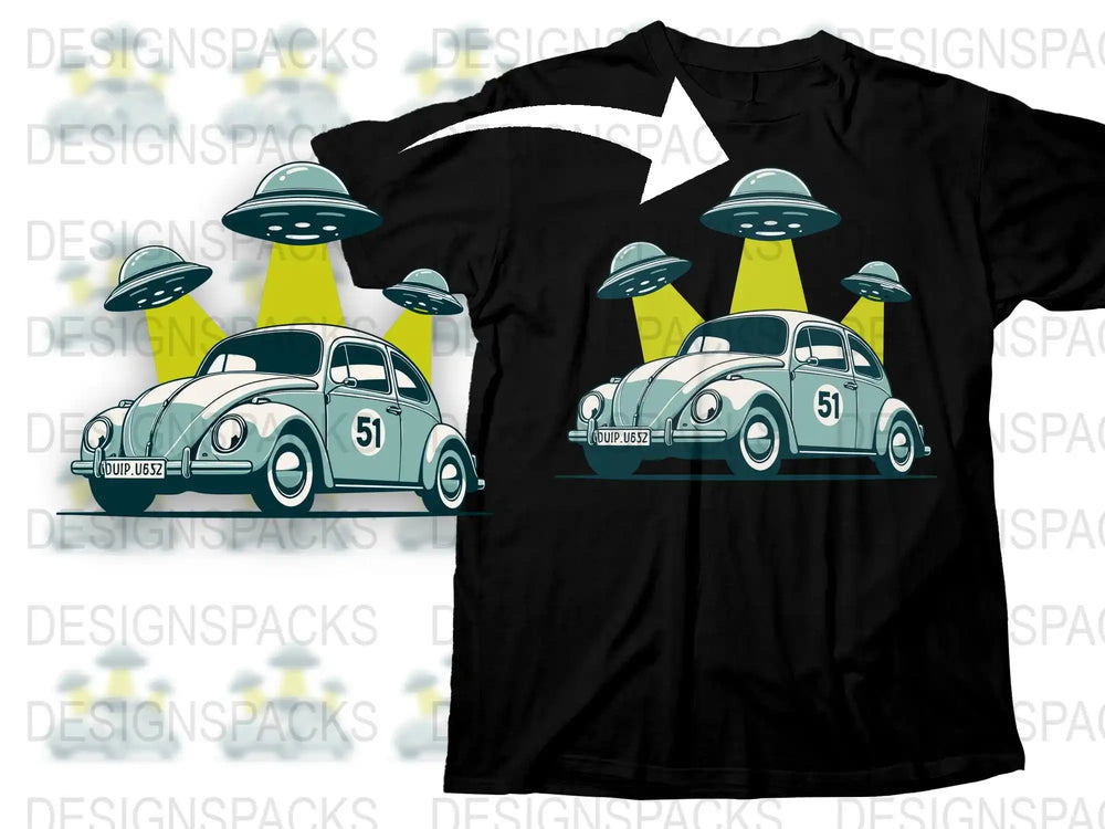 Vintage VW Beetle with UFOs, print-ready design for t-shirts