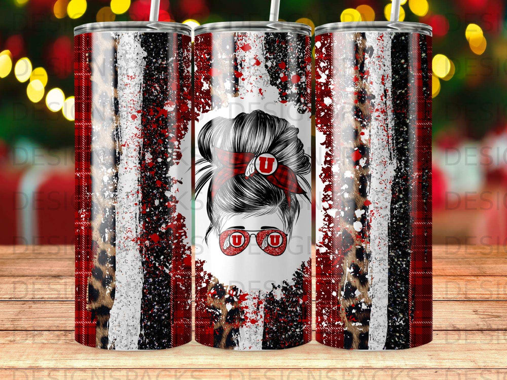 Tumbler with red and black stripes, leopard print, and messy bun graphic.
