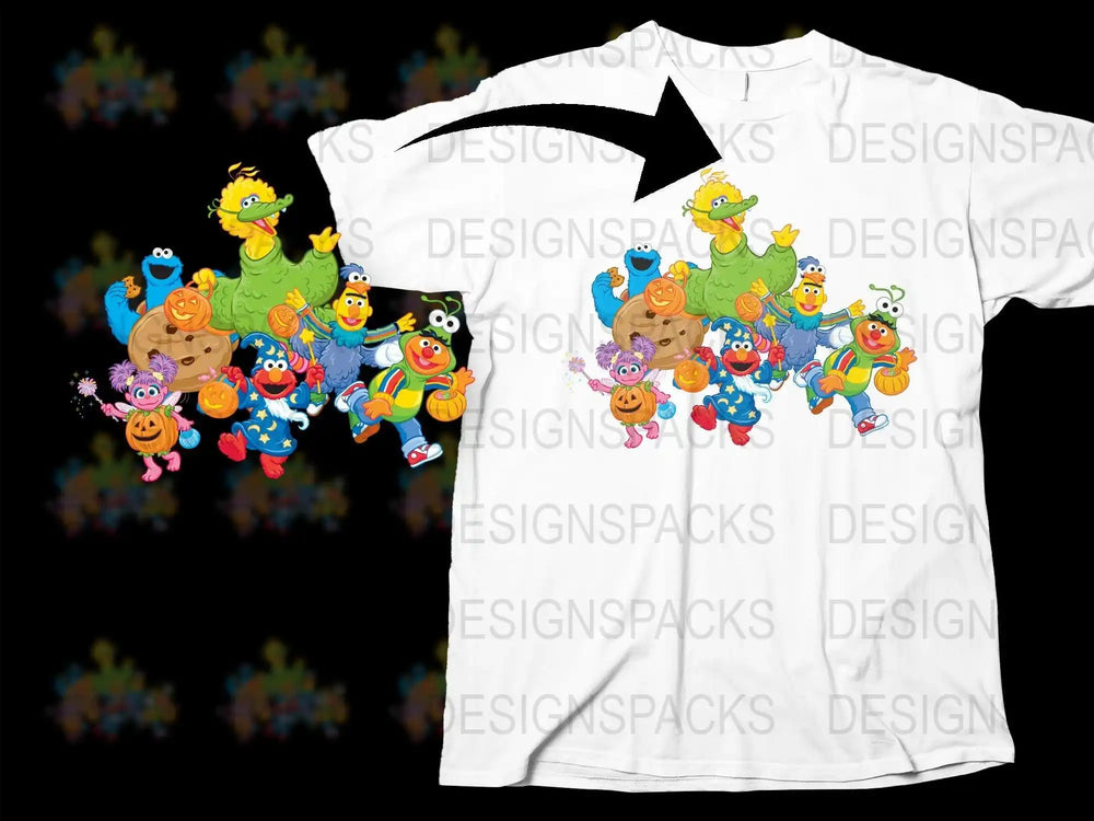 Sesame Street Halloween characters on white t-shirt, print-ready design for DTF/DTG