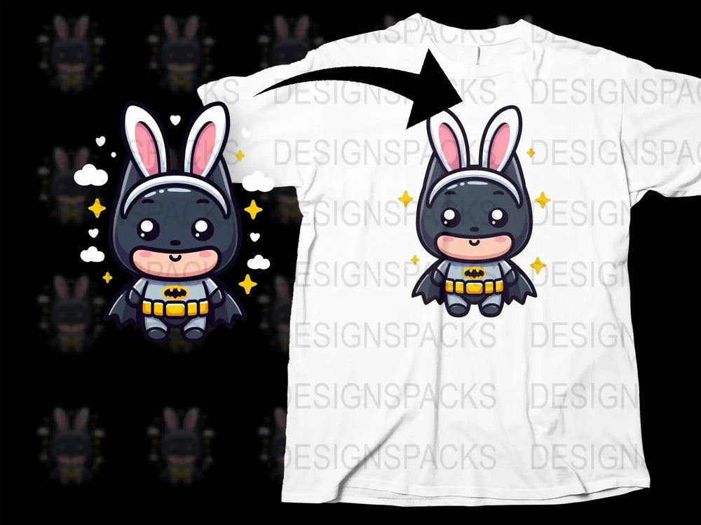 Cute bunny Batman character design for t-shirt, print-ready PNG, DTF/DTG bundle