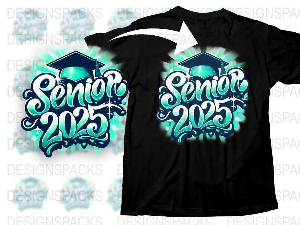Senior 2025 graduation design on black t-shirt with teal cap and sparkles
