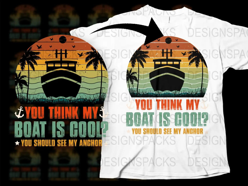 Tropical Sunset Boat Graphic T-Shirt for Men, Cool Boat Design Tee with Anchor Motif, Summer Beachwear