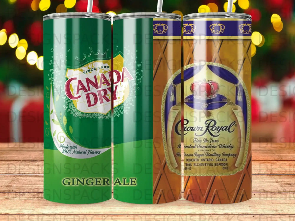Canada Dry Ginger Ale can and Crown Royal whiskey bottle labels.