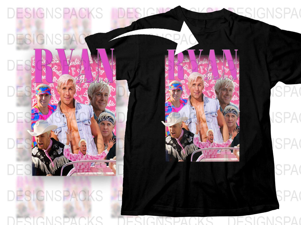 Ryan Gosling Printed T-Shirt, Multiple Images Collage, Pink Graphic Tee, Celebrity Pop Art, Unisex Fashion Top