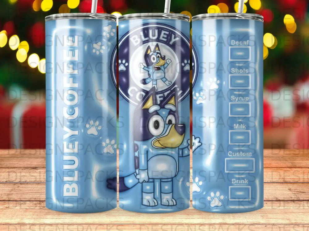 Bluey character with "Bluey Coffee" text on a blue tumbler.