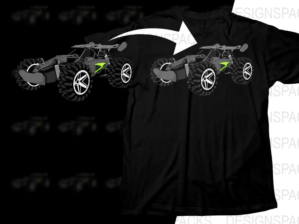 Black t-shirt with monster truck design, green accents, print-ready graphic for DTG/DTF