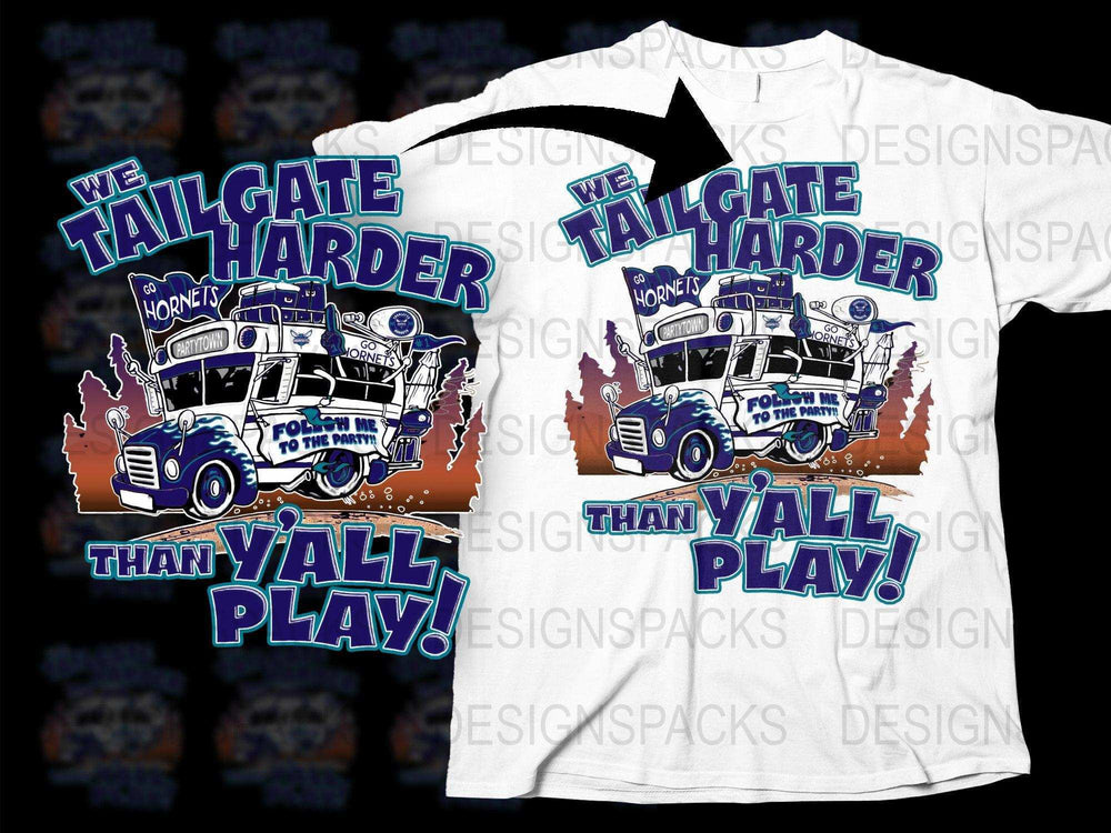 Tailgate harder than y'all play t-shirt design with party bus graphic