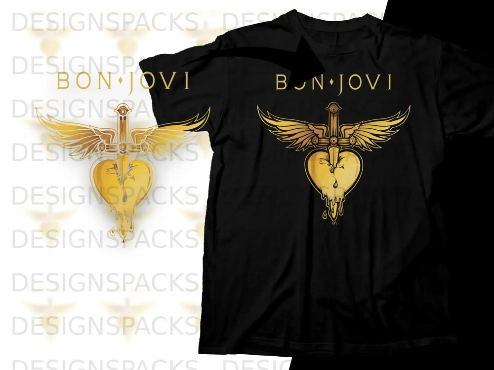 Bon Jovi logo with golden wings, sword, and melting heart on black t-shirt.
