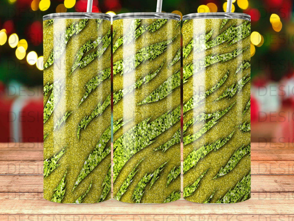 Glittery green tiger stripes on a tumbler.