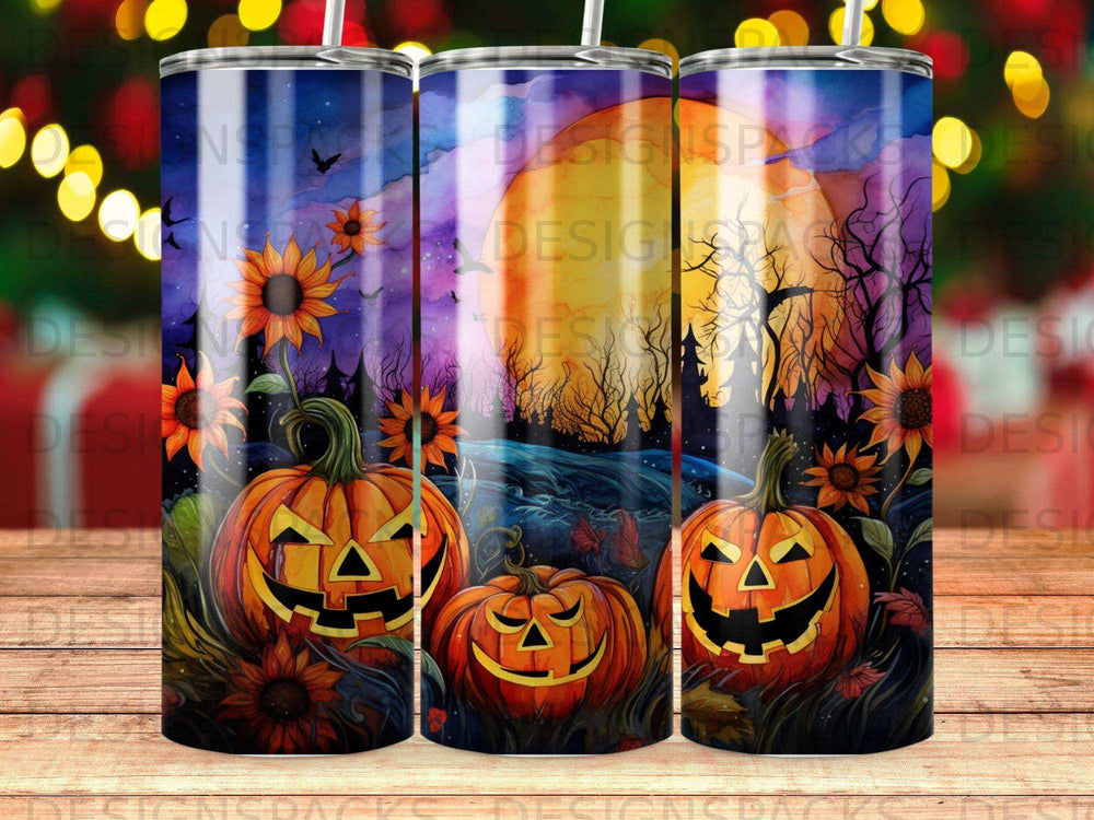Three Halloween-themed tumblers featuring jack-o'-lanterns and sunflowers.