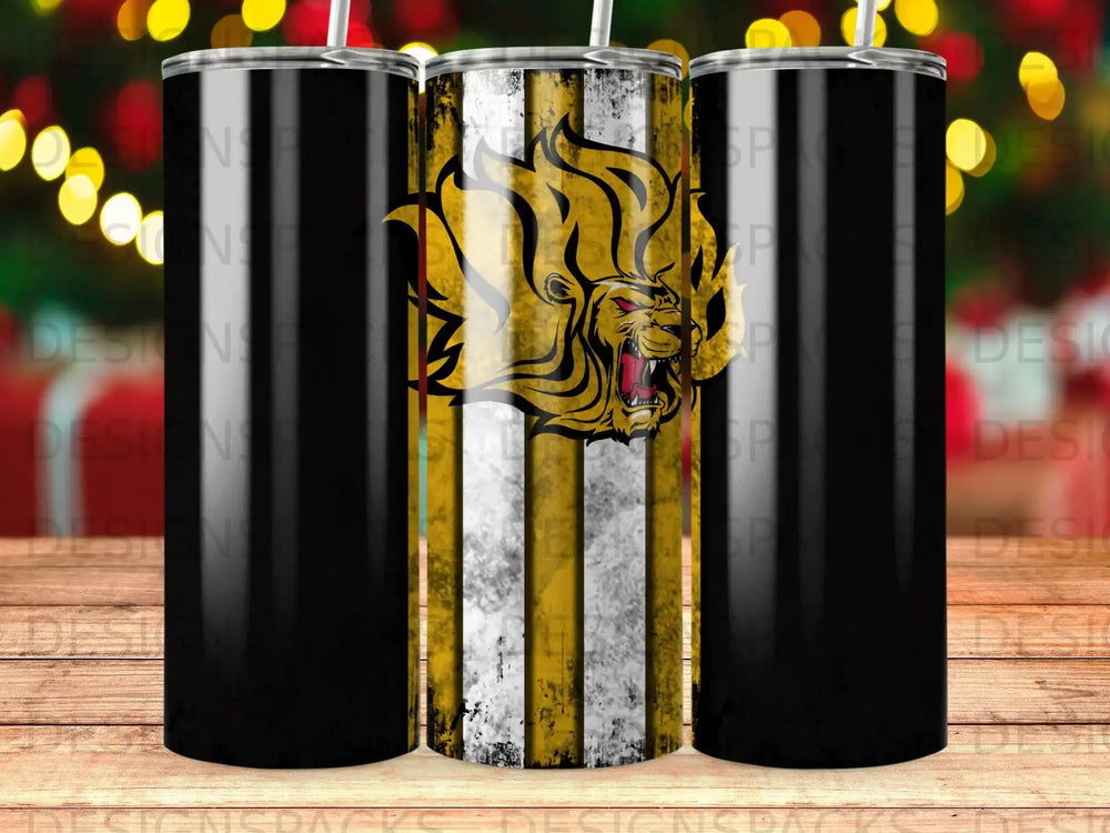 Black tumbler with a roaring lion graphic and gold and white stripes.