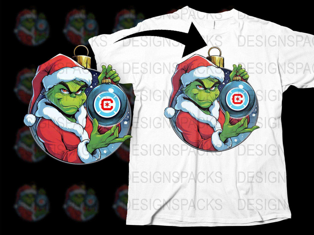 Grinch in Santa suit holding Chicago Cubs ornament, printed on white t-shirt, Christmas design