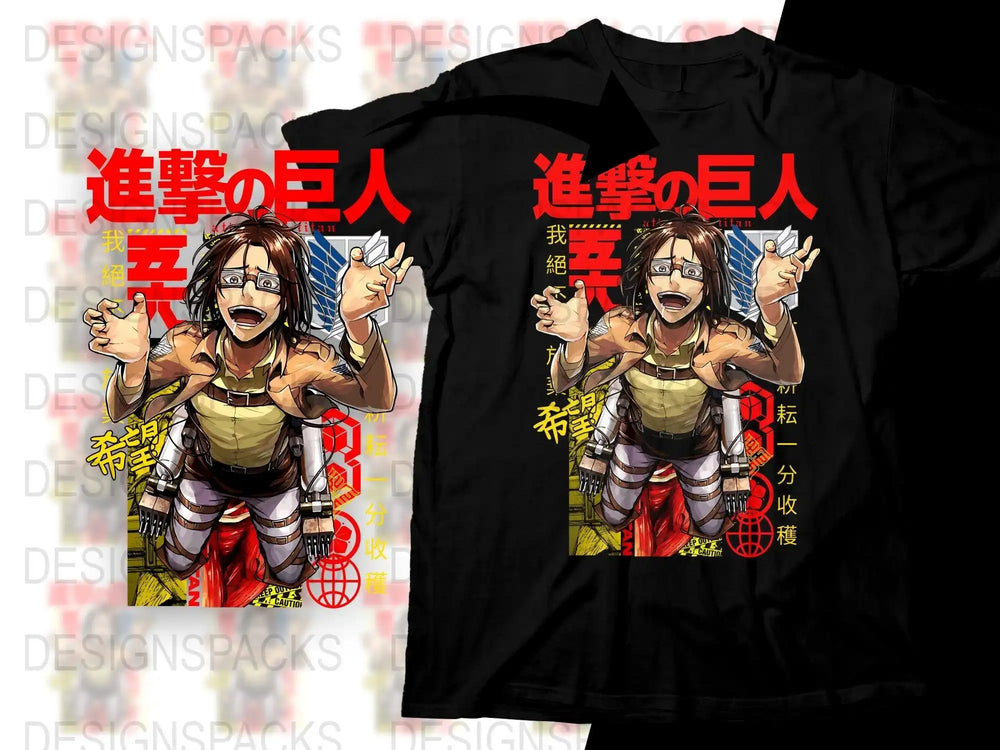 Attack on Titan anime t-shirt design with bold red text and dynamic character art
