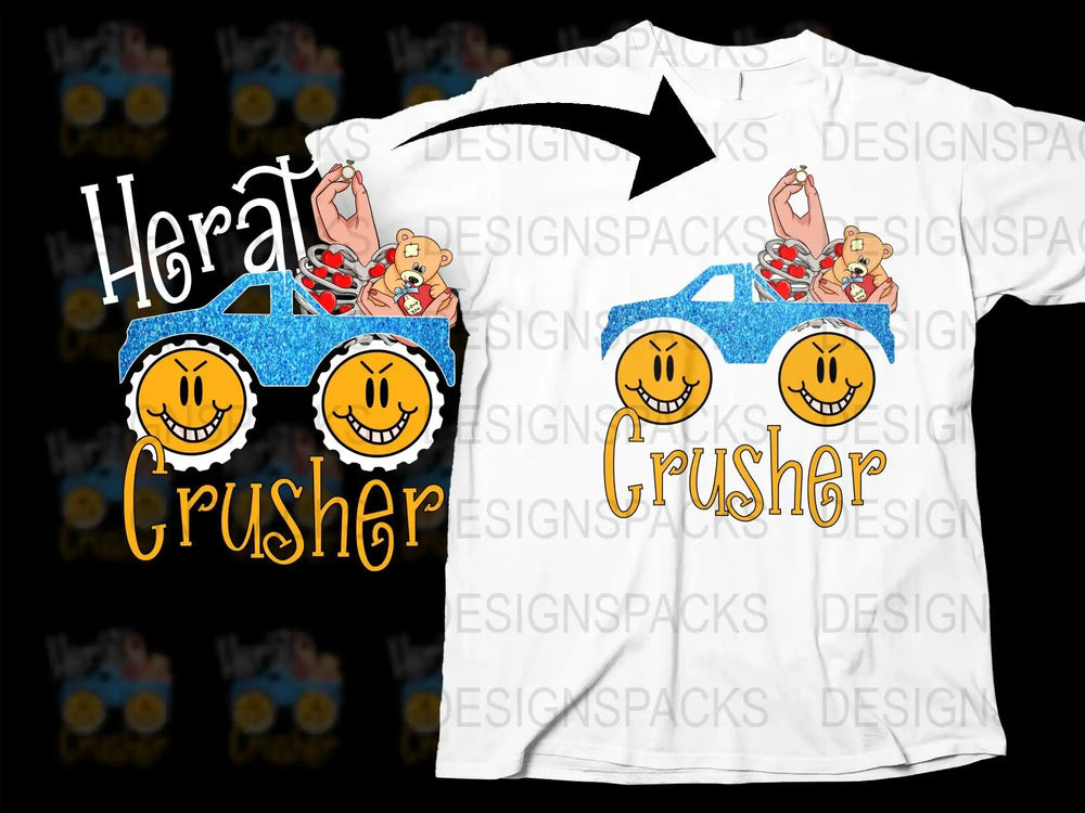 Heart Crusher truck design with teddy bear, ring, and smiley faces for DTF/DTG t-shirt printing