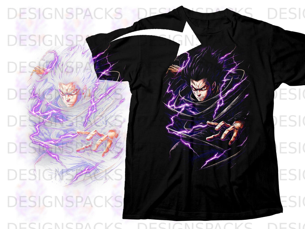 Black t-shirt with anime character illustration, surrounded by purple lightning.