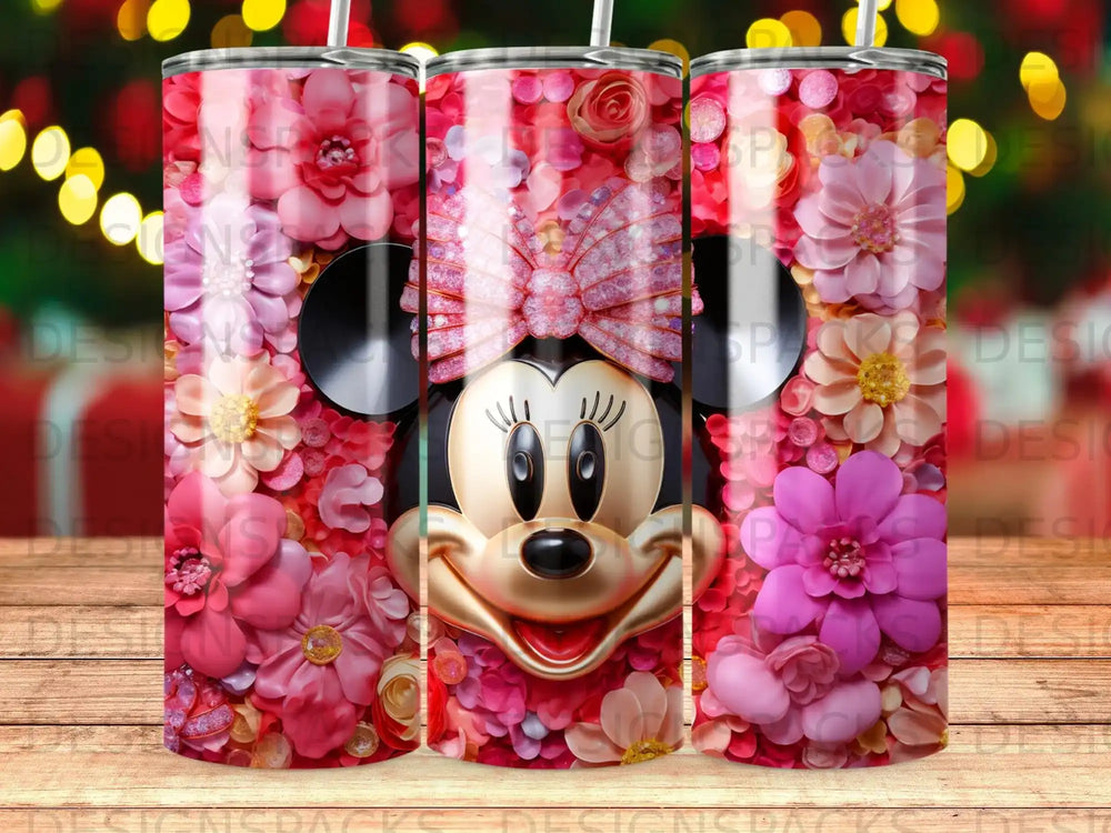 Minnie Mouse face surrounded by a vibrant pink floral pattern.