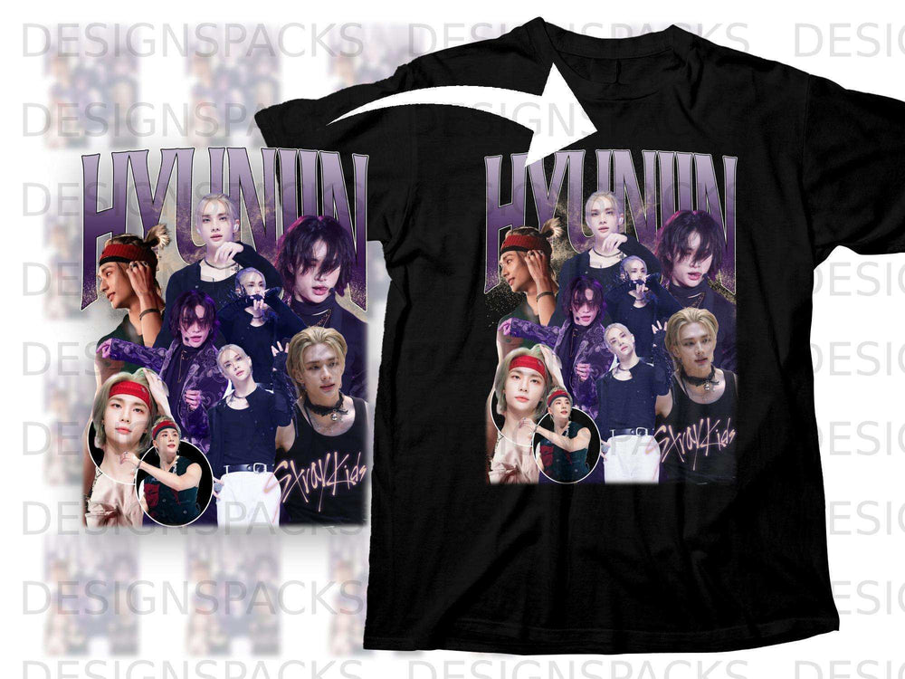 Stray Kids Hyunjin collage on black t-shirt.