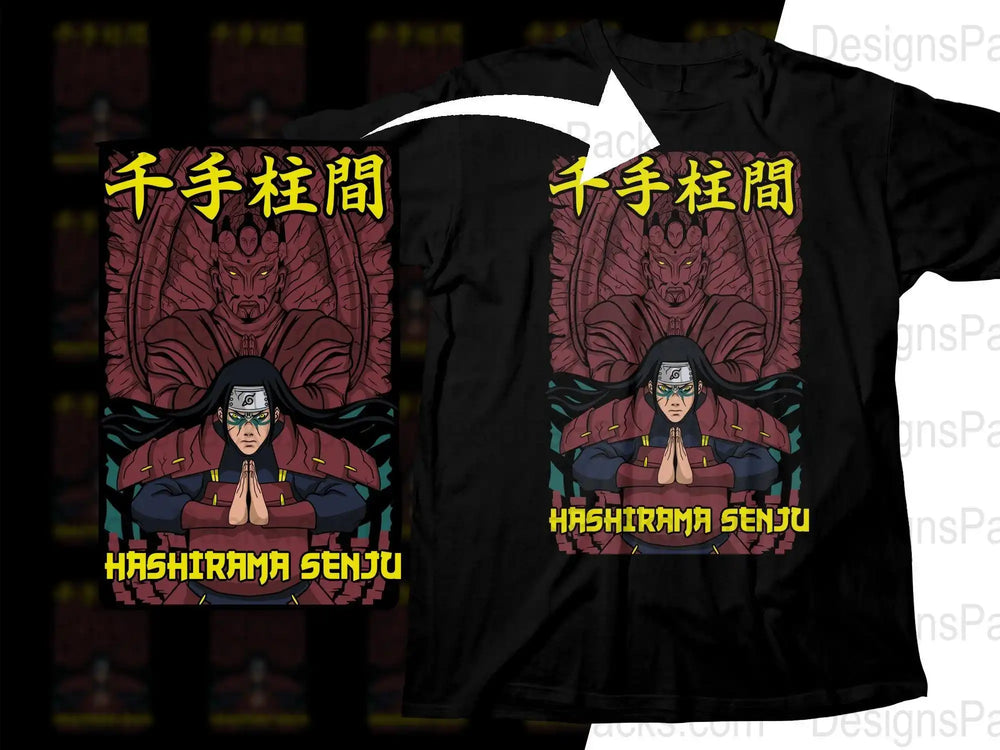 Hashirama Senju anime t-shirt design with bold red and yellow graphics, print-ready for DTG/DTF.