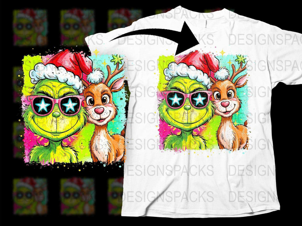 Colorful Christmas T-Shirt with Cartoon Grinch and Reindeer, Festive Holiday Apparel for All Ages