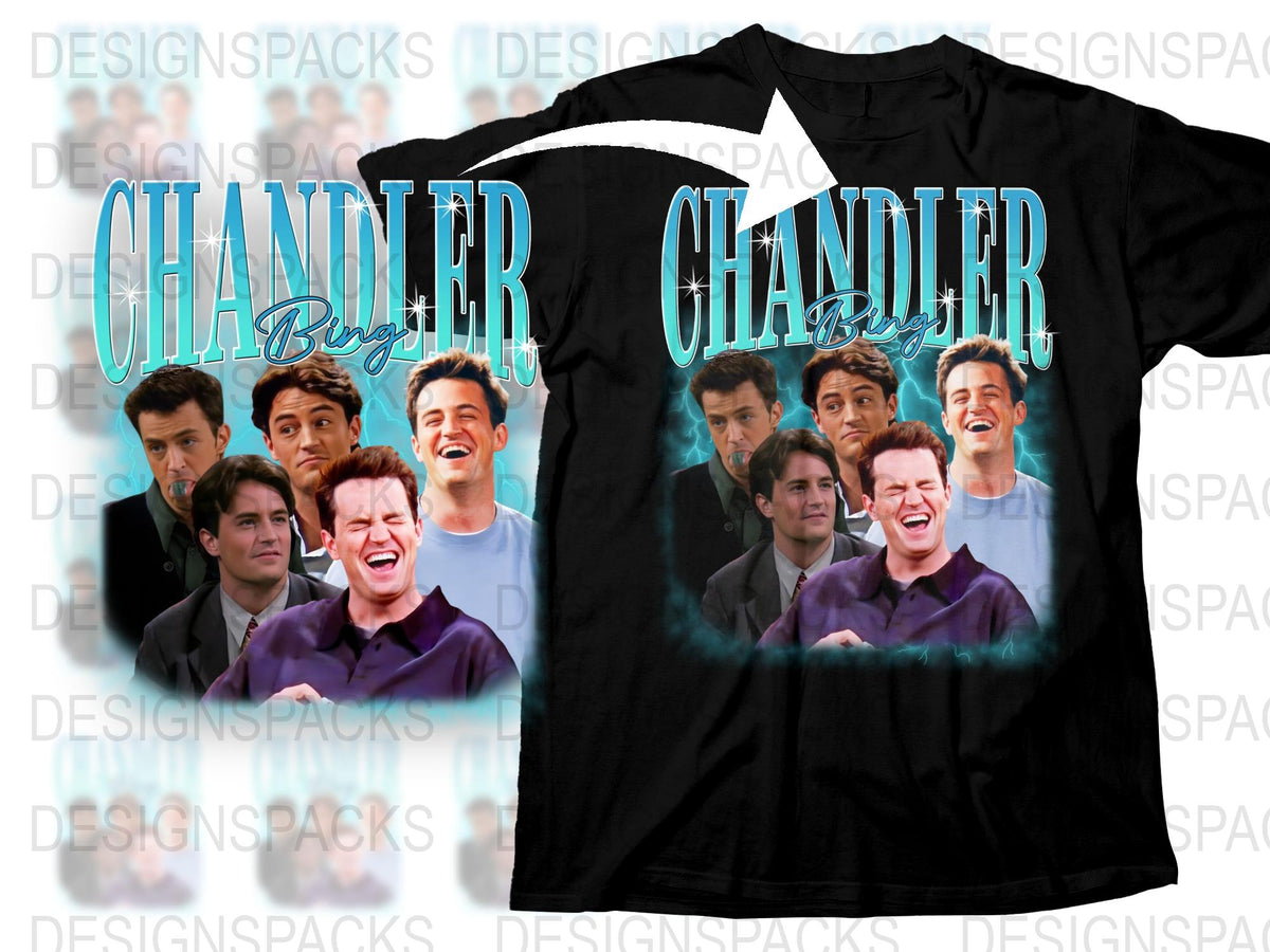 Chandler Bing Graphic T-Shirt, Friends TV Show Inspired, Multiple Poses, Men's Black Tee