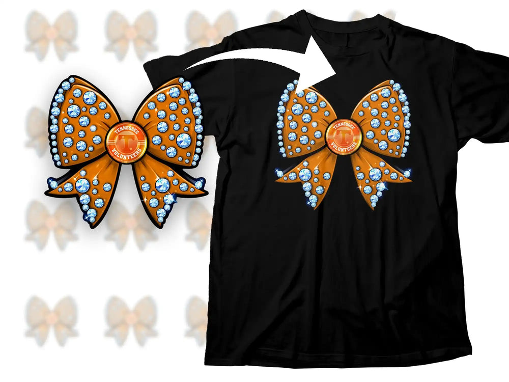 Tennessee Volunteers bow design with blue gems on black t-shirt, print-ready graphic