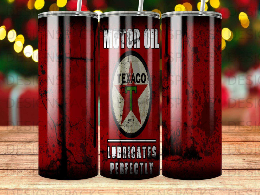 Texaco Motor Oil tumbler with red distressed background.