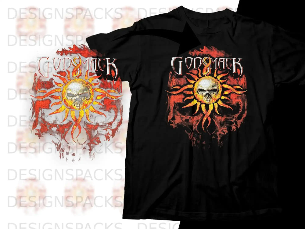 Godsmack t-shirt with sun and skull graphic on black fabric.