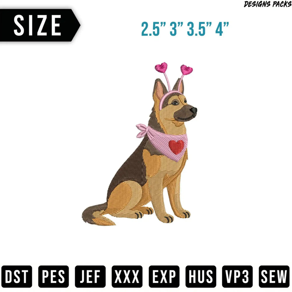 German Shepherd dog wearing pink heart headband and bandana, with size options.