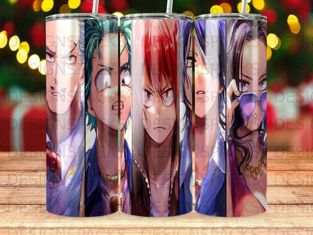 Anime characters Shoto Todoroki, Izuku Midoriya, and Katsuki Bakugo on a tumbler.