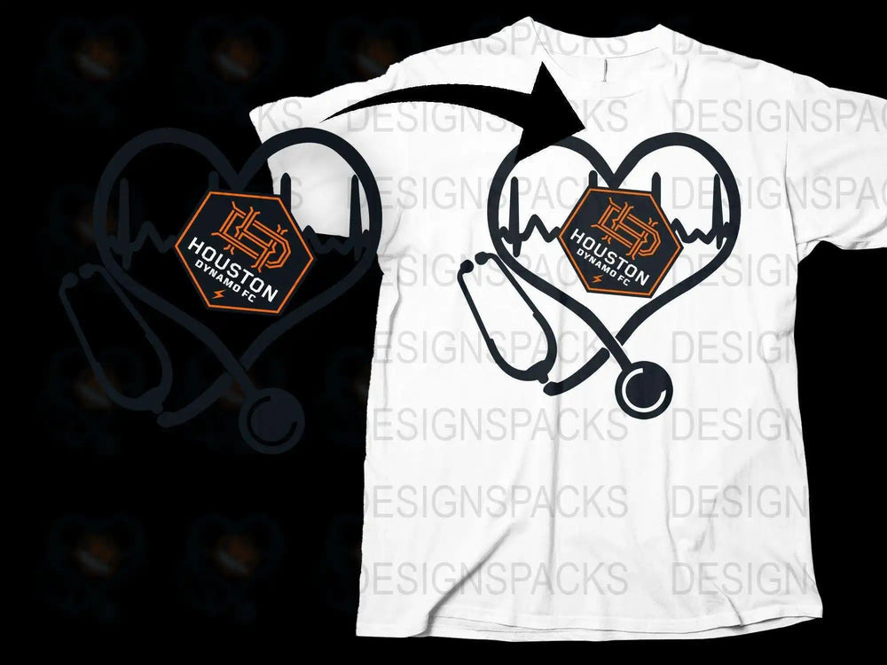 Houston Dynamo FC heart EKG stethoscope t-shirt design, print-ready SVG/PNG for DTG/DTF