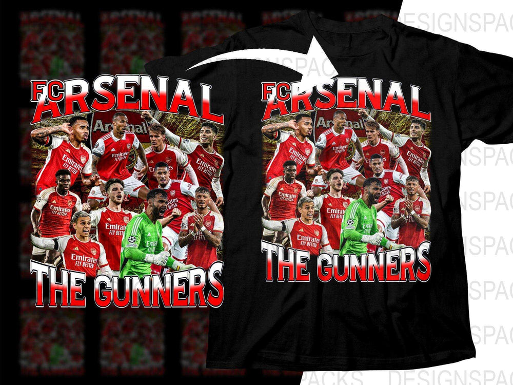 Arsenal FC 'The Gunners' t-shirt design featuring team players in red jerseys, ideal for DTF/DTG printing.