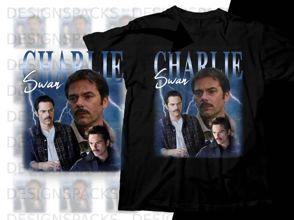Black t-shirt with "CHARLIE SWAN" and actor portrait.