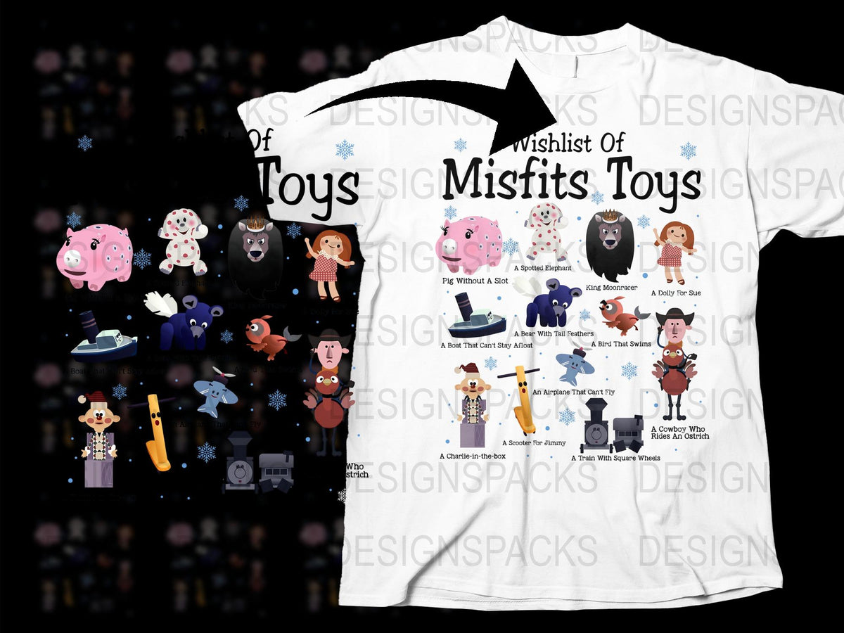 Wishlist of Misfits Toys T-Shirt, Quirky Cartoon Characters, Unique Graphic Tee, Fun Holiday Gift Idea for Kids and Adults