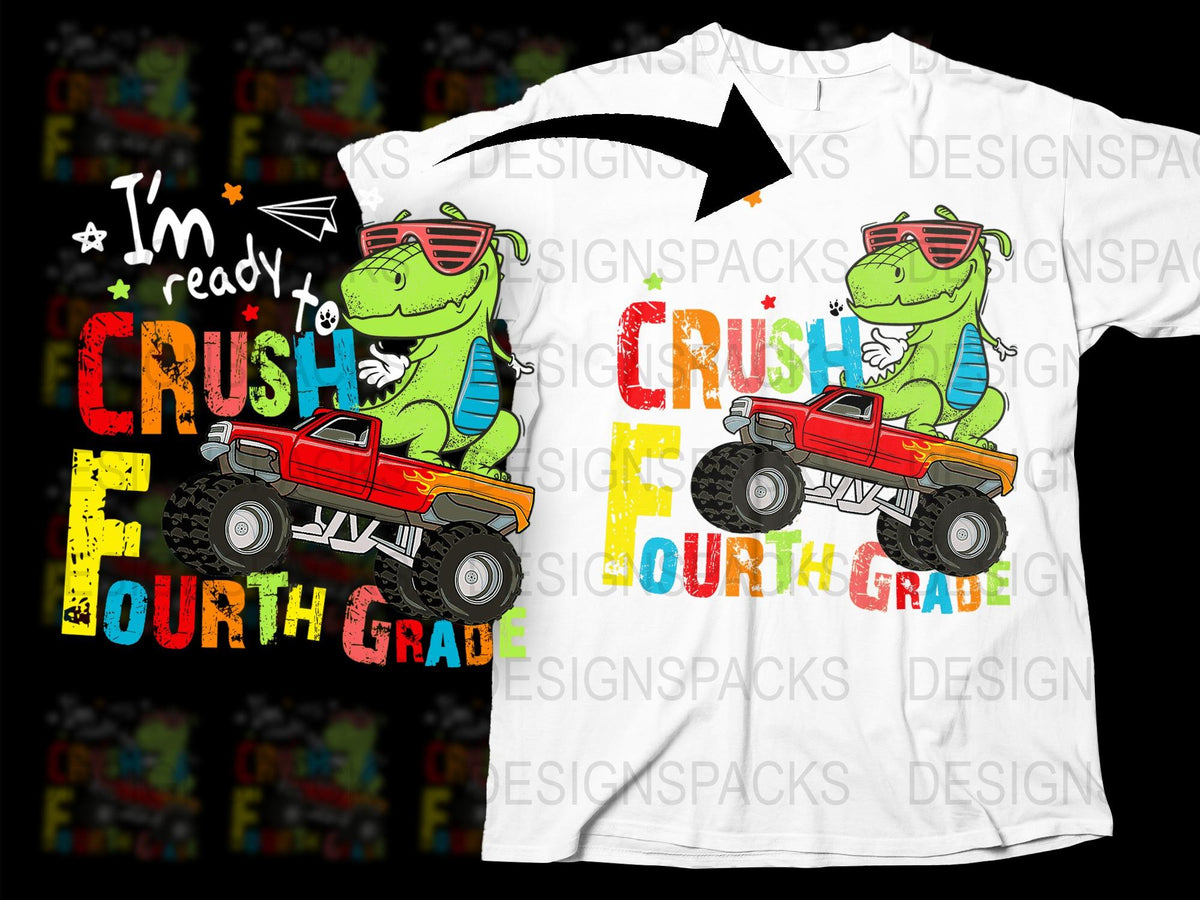 Boys Dinosaur Back To School T-Shirt, Ready to Crush Fourth Grade, Fun Kids Graphic Tee, Colorful Dino and Truck Design