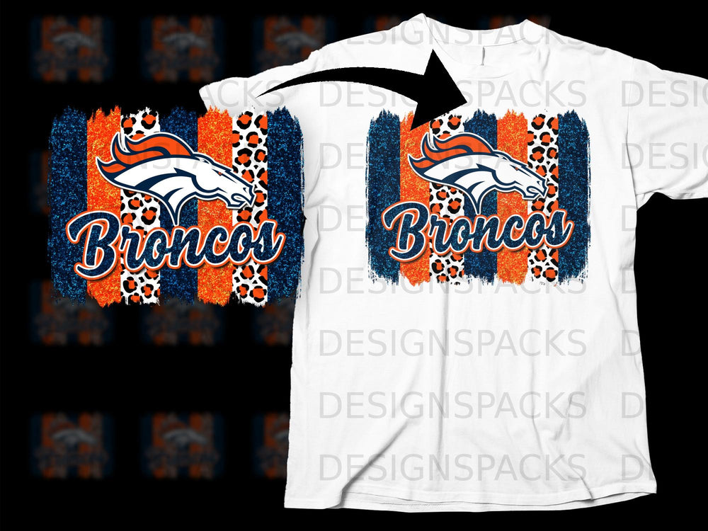 Denver Broncos logo with "Broncos" text on a distressed background with leopard print.