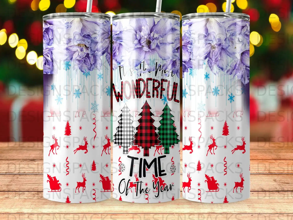 Glittery tumbler with floral and plaid design, reading "It's The Most Wonderful Time Of The Year."