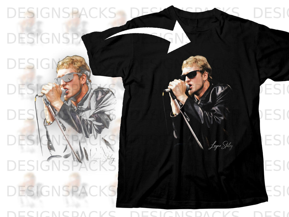 Black t-shirt featuring Layne Staley singing into a microphone.
