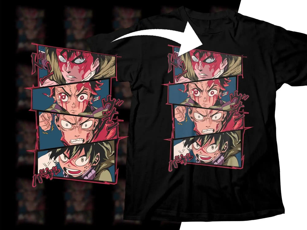 Anime-inspired t-shirt design with dynamic manga panels and bold expressions for DTF/DTG printing.