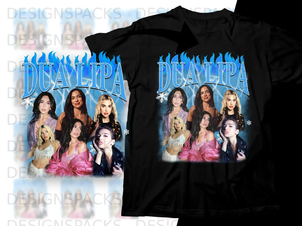 Dua Lipa collage artwork with stylized text on a black t-shirt.