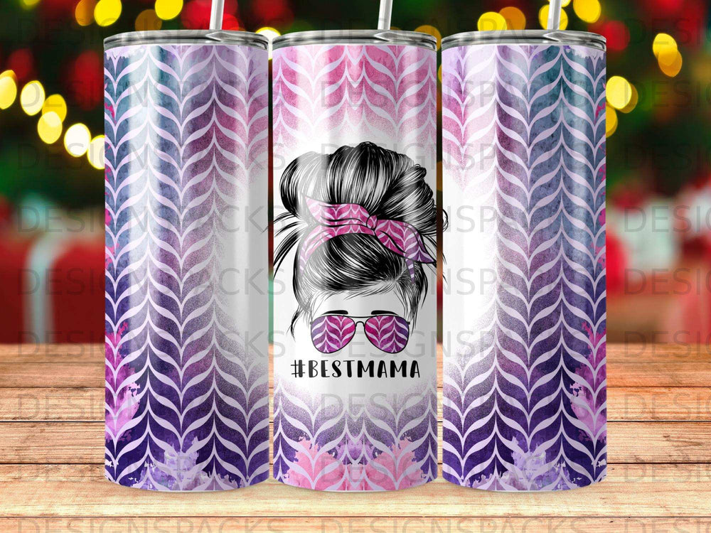 Tumbler with purple and pink pattern and #BESTMAMA design.