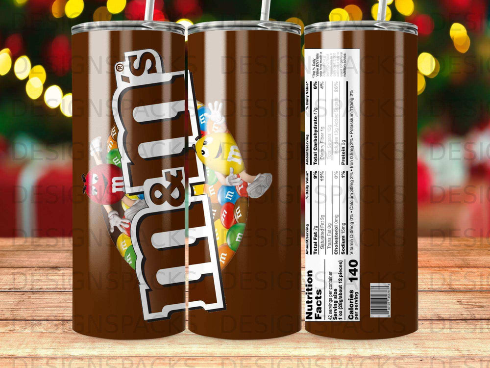 M&M's candy tumbler with nutrition facts label.